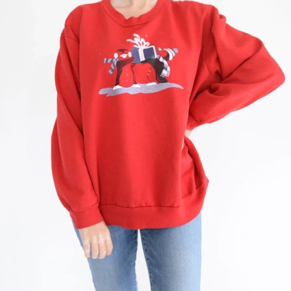 Vintage  Penningtons Red "Penguins  Presents" Festive Holiday Crewneck Sweater L - Picture 2 of 10